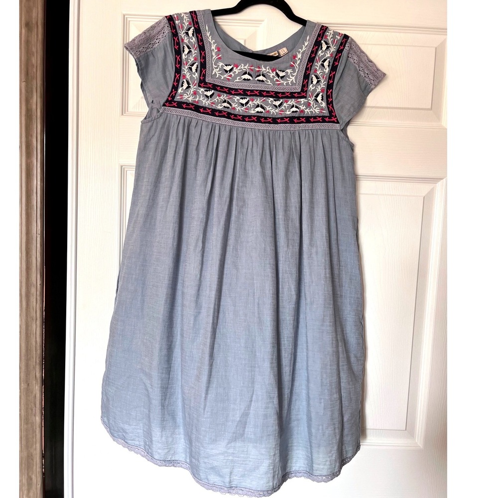 Anthropologie Holding Horses Embroidered Chambray Dress Blue Pink Floral Size 8